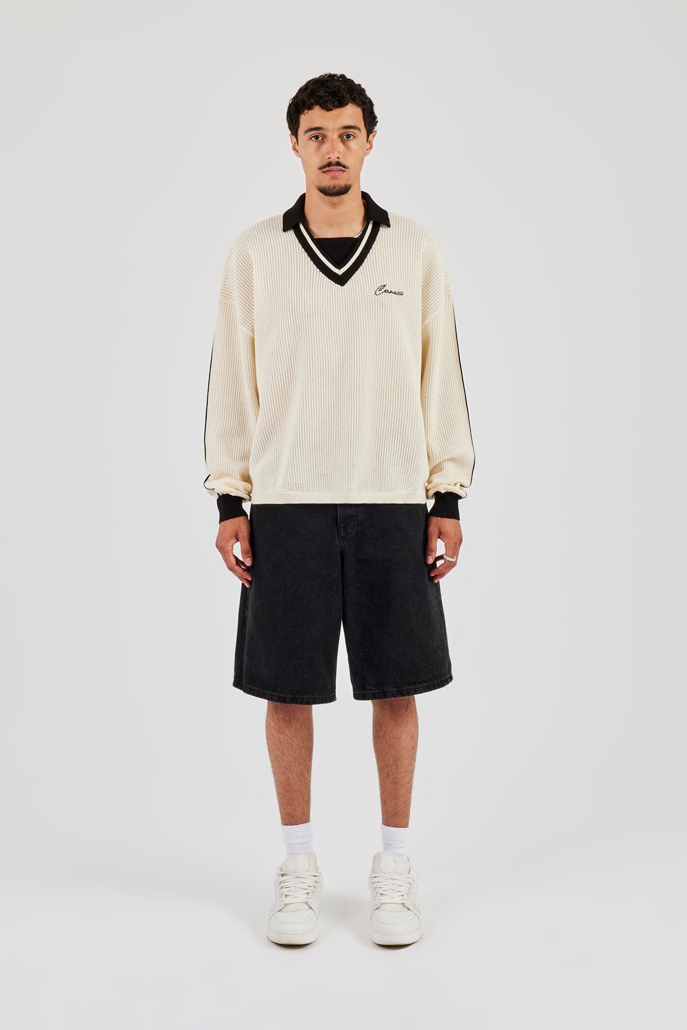 Knitted Cernucci Long Sleeve Polo - White